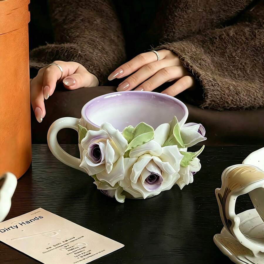Handmade Rose Flower Embossed Mug, 3D Floral Ceramic Mug, Elegant Rose Tea Cup, Perfect Gift For Friends, Birthday, Office Coffee Mug