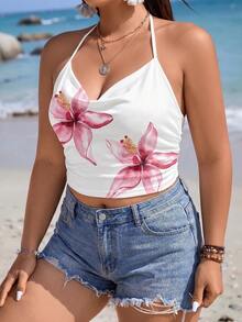 Women's Tropical Floral Print Cropped Camisole, Sleeveless Fitted Summer Tank Top, Backless Sexy Ladies Vest For Spring/Summer Holiday - Multicolor - View 6