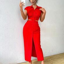 Yunuo Menswear  Vestido largo sencillo y casual de unicolor con botones al frente y mangas cortas para mujer - Verde - Ver 2