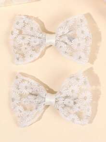 2pcs White Daisy Embroidered Mesh Bow Floral Lace Hair Clips, Elegant Butterfly Alligator Clips, Sweet Countryside Style Hair Accessories For Daily Wear & Party, Suitable For Teenagers - White - View 2