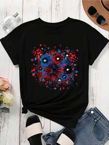 Women's T-Shirt With Patriotic Fireworks Floral Print, Red, White And Blue, For Independence Day Celebration, Casual Summer Wear, Cool Summer Clothes For Women - 黑色 - 查看 4
