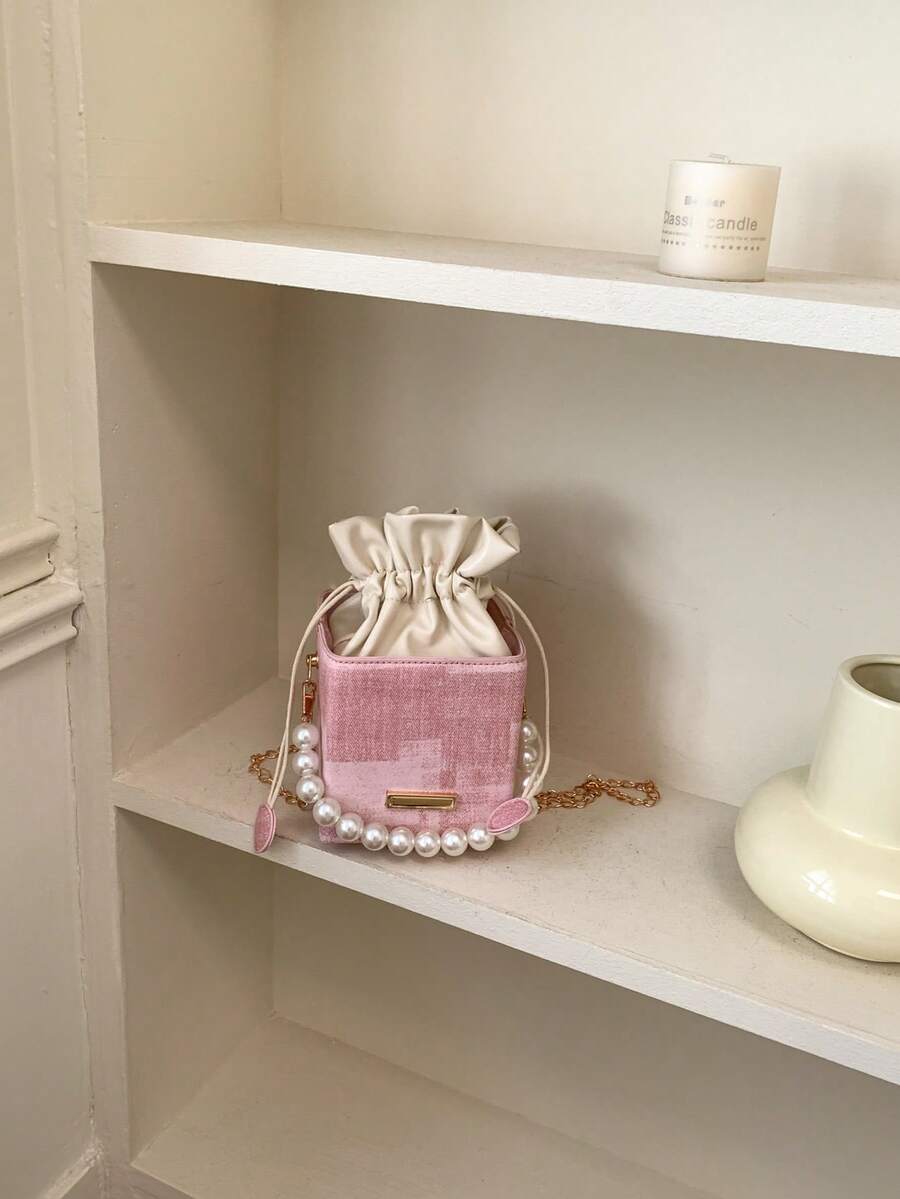 1pc Mini Pearl Chain Decor Contrast Color PU Drawstring Crossbody Bag, Fashionable Daily Use For Women - Pink - View 1