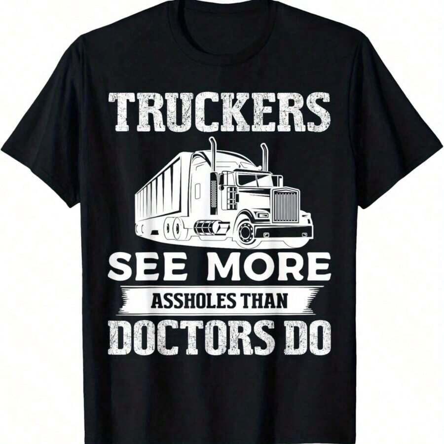 Camiseta de Algodón Puro de 180GSM con Estampado Divertido de Camionero, Tejido de Punto, Suave, Transpirable, Duradera, Fácil de Limpiar, Personalizada, Ideal para Uso Diario - Negro - Ver 1