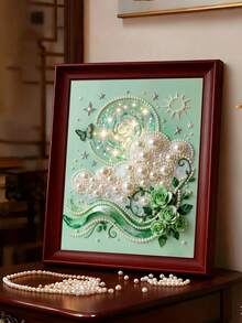 DIY珍珠画套装，珍珠绿玫瑰星河蝴蝶艺术图案，17x22厘米，创意装饰画，DIY珍珠刺绣，包含自粘珍珠和钻石，适合家居装饰、新房装饰、DIY爱好者、送给闺蜜的礼物，钻石画套装，无框 - 查看 2