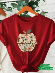 New 2026 Collection: Cotton T-Shirt With Anime Letter Print, Women's Round Neck T-Shirt With Simple Design, Comfortable And Breathable, Suitable For Casual And Versatile Daily Wear, Showing A Natural And Elegant Style, A Must-Have For Summer Parties, Local Shipping, Apple-Shaped Floral Print, Lightweight Cotton. - 杏色 - 查看 9