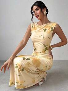 xheFirerie Vestido maxi elegante y casual para vacaciones y citas románticas, con estampado floral de malla amarilla y rosa, cuello barco, volantes sin mangas y espalda descubierta, vestido ajustado adecuado para tomar el té por la tarde, fiestas al aire libre y vacaciones de ocioxhe - Multicolor 2 - Ver 4