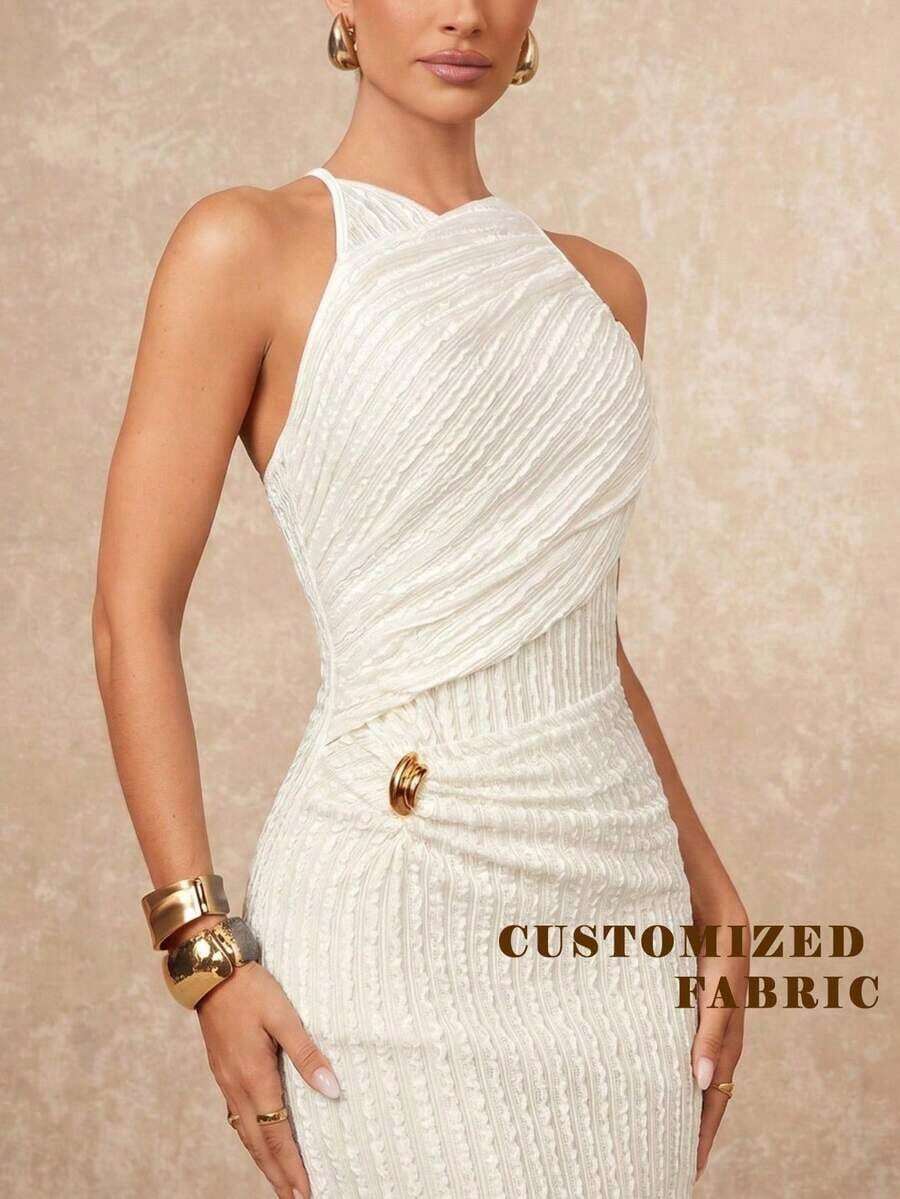 xheLumalex Vestido ajustado con cuello redondo, fruncido y decoración metálica cruzada para mujeresxhe - Albaricoque 2 - Ver 1
