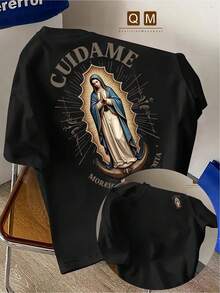 Camiseta Gráfica Casual para Hombre con Estampado Religioso en la Espalda - Diseño de la Virgen María con Rayos Radiantes en Negro, Texto en Latín, Corte Regular, Lavable a Máquina, Camiseta Gráfica, Moda Urbana, Camiseta de Estilo Distintivo, Tela Suave, Cuello Redondo, Tela de Corte Holgado, Cuello Redondo - Blanco - Ver 7