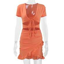Vestido sexy escote profundo con calados y volantes, ajustado, bestseller femenino - Naranja - Ver 8