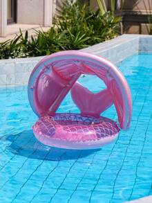 Flotador inflable con forma de escamas de sirena rosa con toldo solar, flotador de piscina para bebés y niños pequeños con asa para el verano - Rosa - Ver 7