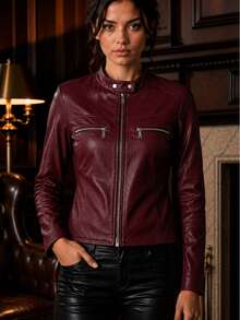 Women's Faux Leather High Neck Premium Winter Jacket, Elegant, Stylish, Cute, Casual, PU Leather, Zipper Jacket, Night, Vacation, Daily - 酒紅色 - 查看 5