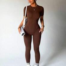 Nana's Women's Clothing Store Slayform Mono deportivo de alta elasticidad sin costuras, sexy con recortes - Marrón - Ver 8
