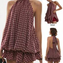 . .  Vestido corto de verano para mujer con cuello halter, espalda descubierta y volantes con estampado de cuadros - Negro01 - Ver 6