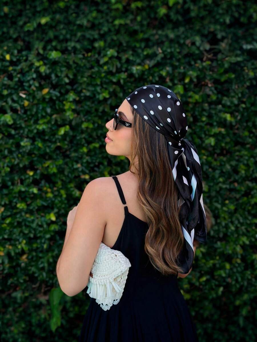Women's Large Square Satin Scarf 90x90 Elegant Fashion Bandana For Hair And Neck - L32-preto - 查看 1