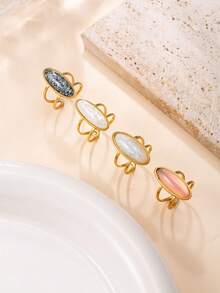 1pc 18K Gold Plated Stainless Steel Vintage Oval Cat Eye Stone Ring, Minimalist Elegant Finger Ring, High-Quality Fashion Accessory Suitable For Women's Daily Wear And Parties - Multicolor - View 2