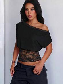 Camiseta de unicolor con tirantes de encaje holgados, uso versátil diario, verano - Negro carbón - Ver 4