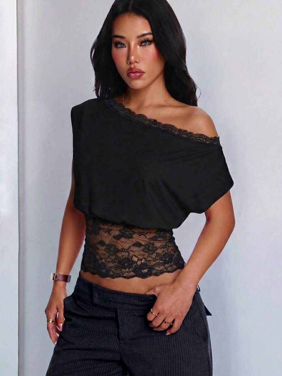 Casual Loose Lace Shoulder Strap Solid Color T-Shirt, Versatile Daily Wear, Summer - Charcoal Black - View 1