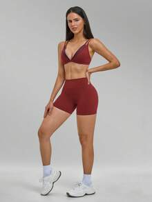 MFVIM Women's Nude Feel Triangle Cup Bra Thin Non-Wired Sports Set Backless Spaghetti Strap Fitness 2-Piece Set - Burgundy - View 9