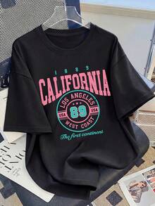 Vintage T-Shirt With Los Angeles, California Print, For Women, Casual And Relaxed Style, Round Neck, Short Sleeve, Retro American Style Of The West No. 89, Basic And Versatile. - 黑色 - 查看 12