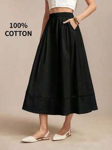 Falda de mujer con diseño de parche, bolsillo lateral y dobladillo de encaje hueco, versátil para oficina, formal, casual y romántica para el transporte urbano, nueva colección primavera/verano - Negro - Ver 12