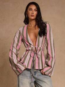 Glamour Camisa ligera y elegante con rayas de color, cuello en V, mangas acampanadas y decoración de lazo con cordón, adecuada para usar en primavera, verano y otoño - Rosa - Ver 6