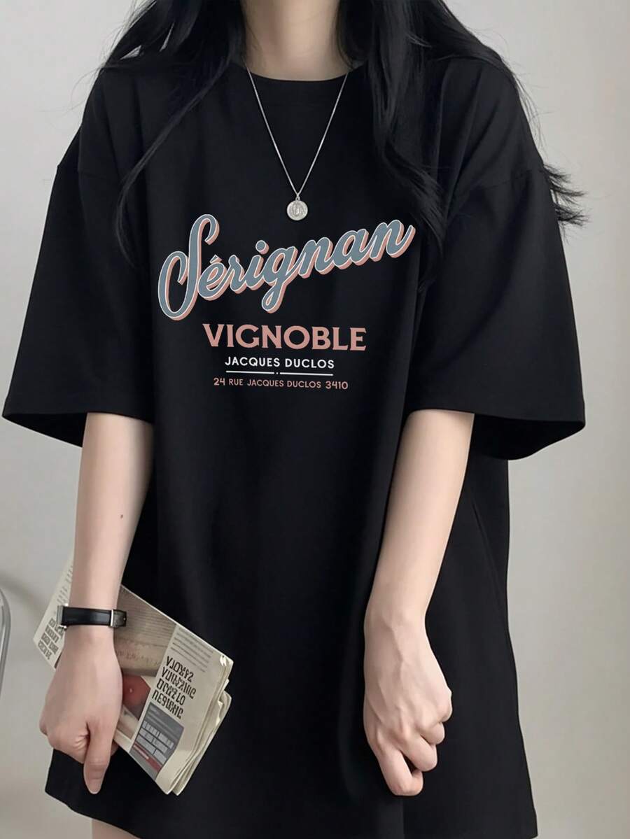 Japanese Style Women's Loose Round Neck Casual Letter & Cartoon Print Short Sleeve T-Shirt, Spring/Summer Black - Black - View 1