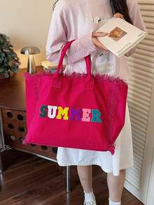 Canvas Tote Bag Large Capacity Handbag With Tassel Commuter Shoulder Bag - Multicolor - View 6