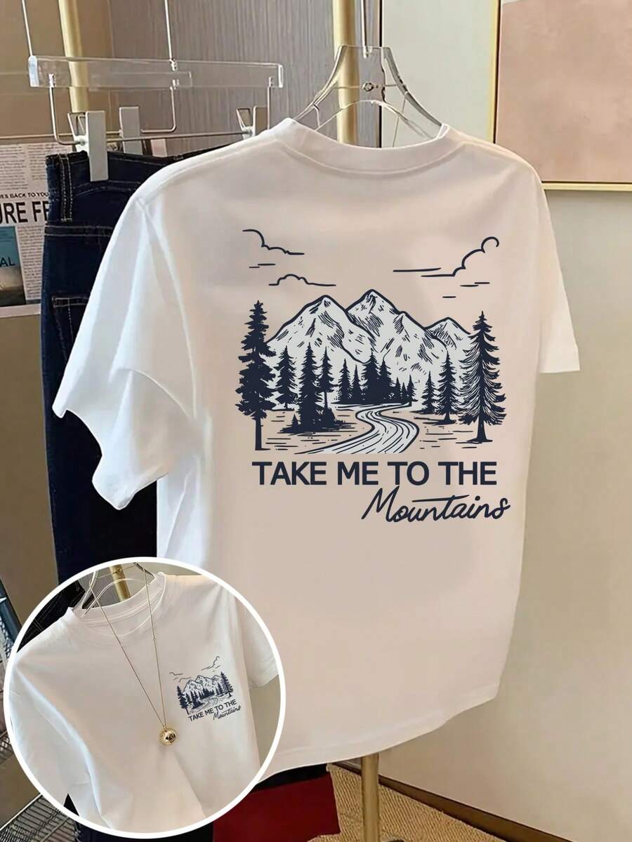 Vestibilita.1pac.100%Baumwolle.Take Me to The Mountains, T-Shirt mit Schneeberg-Print, Kurzarm, Rundhalsausschnitt, lässiges Oberteil für Sommer und Frühling, Damenbekleidung. Palme Grafica