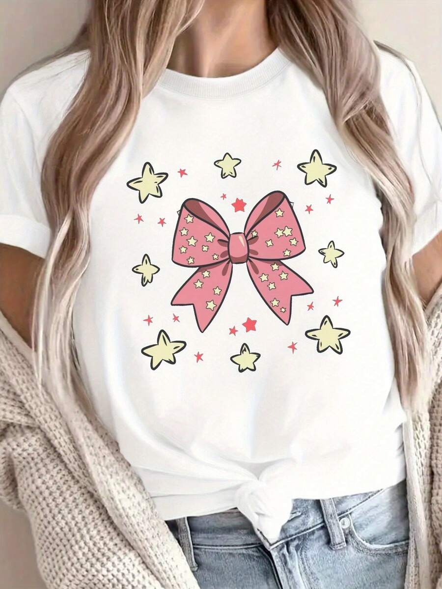 1 Piece Of Women's Solid Color T-Shirt With Pink Bow, Star And Geometric Pattern - Style Label G500L - Comfortable Casual Round Neck T-Shirt - Machine Washable, 180g 100% Cotton Women's Daily T-Shirt. - 白色 - 查看 1