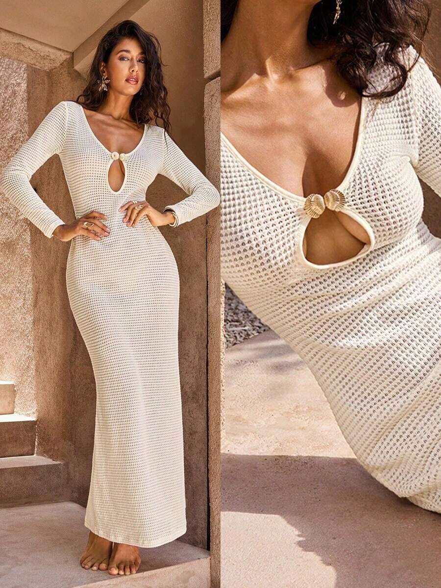 xheOpulessa 1 pieza Vestido de fiesta formal de punto de un solo color con cuello en V y manga larga con cola de pez para mujer, para vacaciones en otoño e invierno, boda, fiesta de cócteles y navidadxhe - Albaricoque - Ver 1