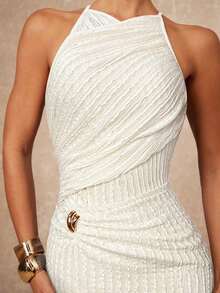 xheLumalex Vestido ajustado con cuello redondo, fruncido y decoración metálica cruzada para mujeresxhe - Albaricoque 2 - Ver 6