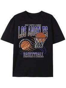 Basketball Print, Men's American Retro Style Crew Neck Short Sleeve T-Shirt, Simple Style T-Shirt, Fashionable Regular Fit, Casual And Comfortable Top, Spring And Summer Vacation, Casual Holiday - 黑色 - 查看 11