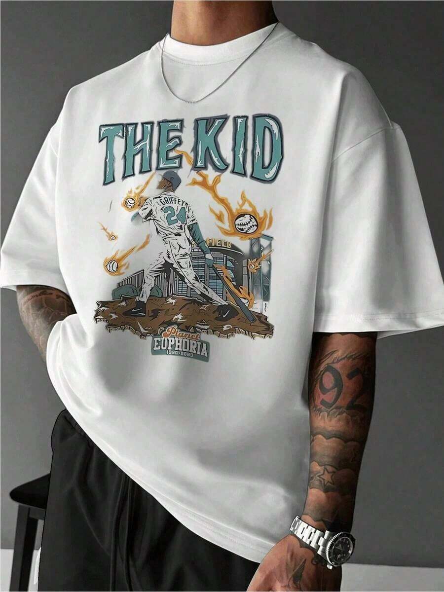 1 Men's Vintage Baseball T-Shirt With Flame Print, Casual Short Sleeve Summer Style, Retro Style, Washed Black Cotton, Comfortable Fit, Unique Design, Stylish And Perfect Gift. - 黑色 - 查看 1