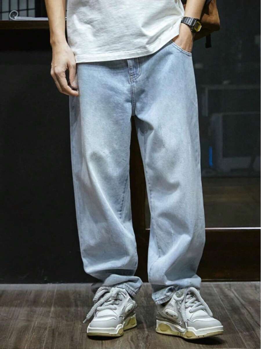 Baggy Jeans, Wide-Leg Balloon Pants, Straight Cut, Carpenter Style, Unisex - 湖藍色 - 查看 1