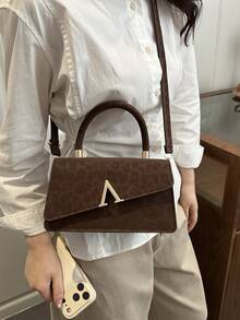纯色褶边手提包，翻盖斜挎包，豹纹女包 - 咖啡棕 - 查看 12