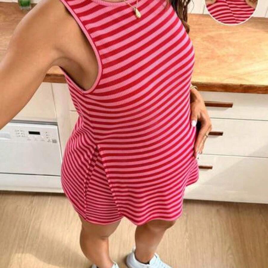 Lyckli 2pcs Maternity Striped Round Neck Side Slit Hem Tank Top And Adjustable Waist Shorts Set Maternity Clothes Spring And Summer 2 Piece Set Striped Tank Top Striped Shorts Tank Top And Shorts Set Bump Friendly Outfits Maternity Outfit For Pregnant Bump Friendly Dress Ootd Outfit For Women Maternity Outfits Summer - Multicolor - Ver 1