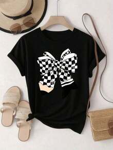 [Fashionable Letter Print T-Shirt] Women's Round Neck T-Shirt, Comfortable And Breathable, With Letter And Cartoon Print | Simple Design, Suitable For Everyday Leisure And Versatile, Showing A Natural And Elegant Style, A Must-Have For Summer Parties, Local Delivery, Daily Use. - 黑色 - 查看 1
