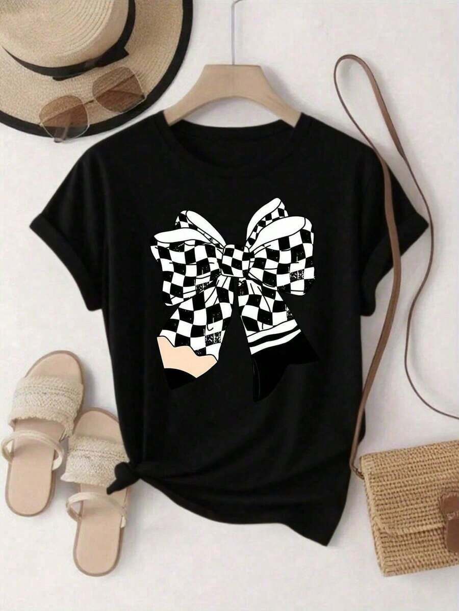 [Fashionable Letter Print T-Shirt] Women's Round Neck T-Shirt, Comfortable And Breathable, With Letter And Cartoon Print | Simple Design, Suitable For Everyday Leisure And Versatile, Showing A Natural And Elegant Style, A Must-Have For Summer Parties, Local Delivery, Daily Use. - 黑色 - 查看 1