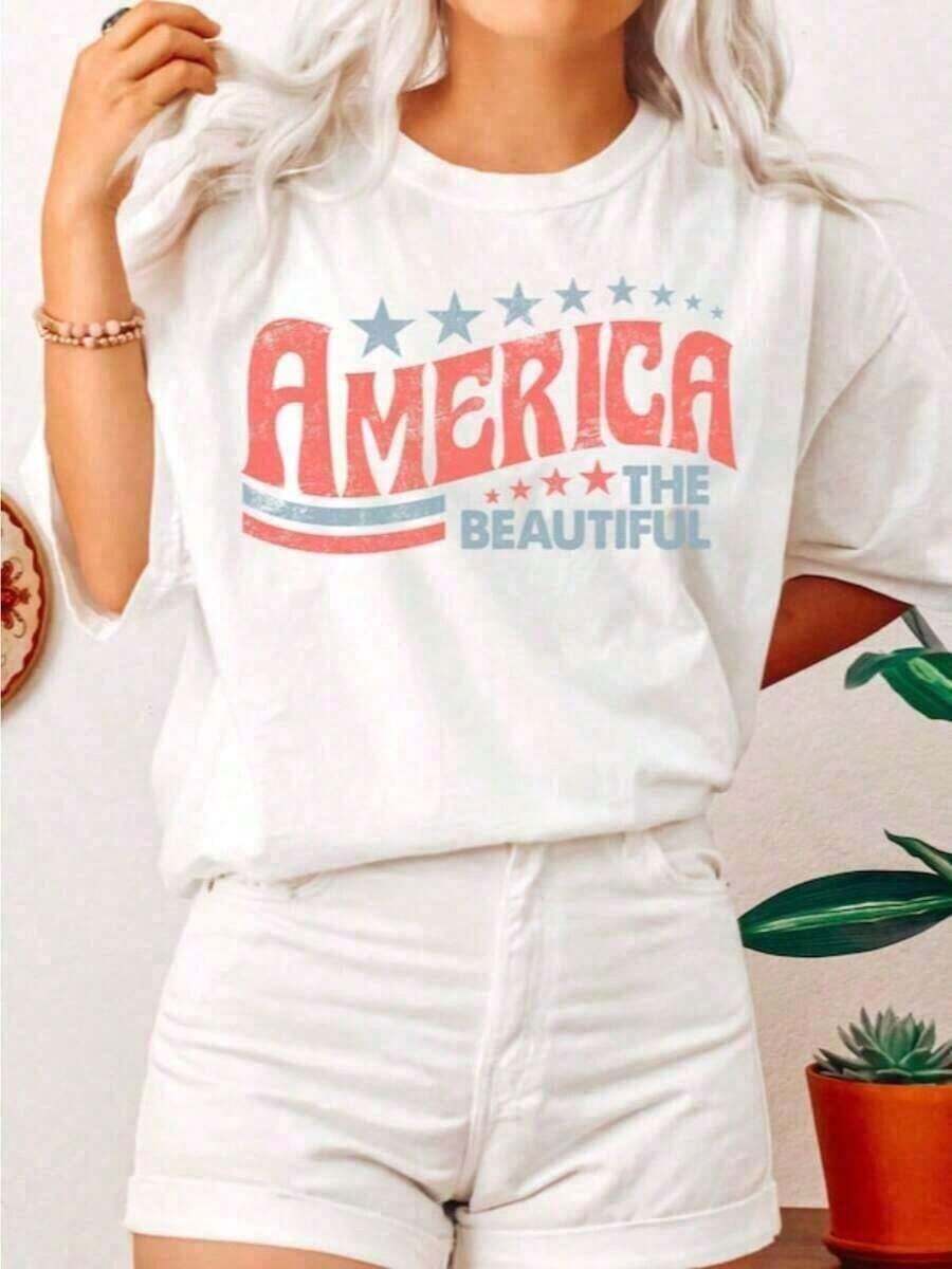 Retro USA T-Shirt, America The Beautiful, 4th Of July T-Shirt, Fourth Of July, Patriotic USA Gift, Graphic Tee - Plus Size Graphic Tees For Women, Perfect Summer And Mother's Day Outfits To Celebrate The 4th Of July, 100% Pure Cotton, Women's T-Shirt, Bohemian Style - 白色 - 查看 1