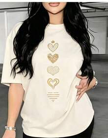Women's Casual Graphic Print T-Shirt, Polyester, Daily Spring - Vintage Street Style, Unisex Cotton Short Sleeve Crew Neck T-Shirt - 杏色 - 查看 10