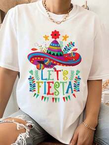 Women's Mexican-Inspired Cotton Casual T-Shirt With "Let's Fiesta" Print And Design Of Hat, Maracas And Flowers For Cinco De Mayo Party, Summer Clothing, Gift For Friends And Family, Must-Have. - 白色 - 查看 1