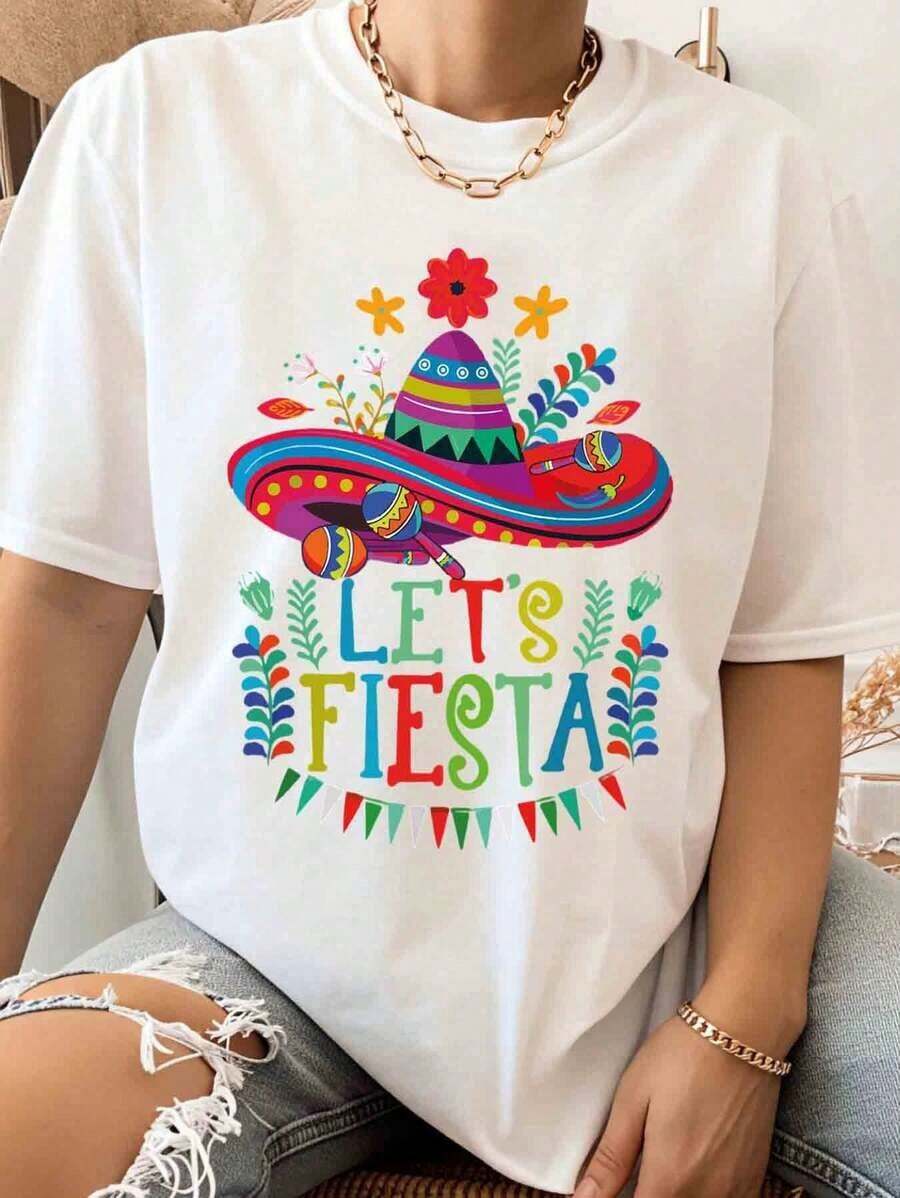 Women's Mexican-Inspired Cotton Casual T-Shirt With "Let's Fiesta" Print And Design Of Hat, Maracas And Flowers For Cinco De Mayo Party, Summer Clothing, Gift For Friends And Family, Must-Have. - 白色 - 查看 1