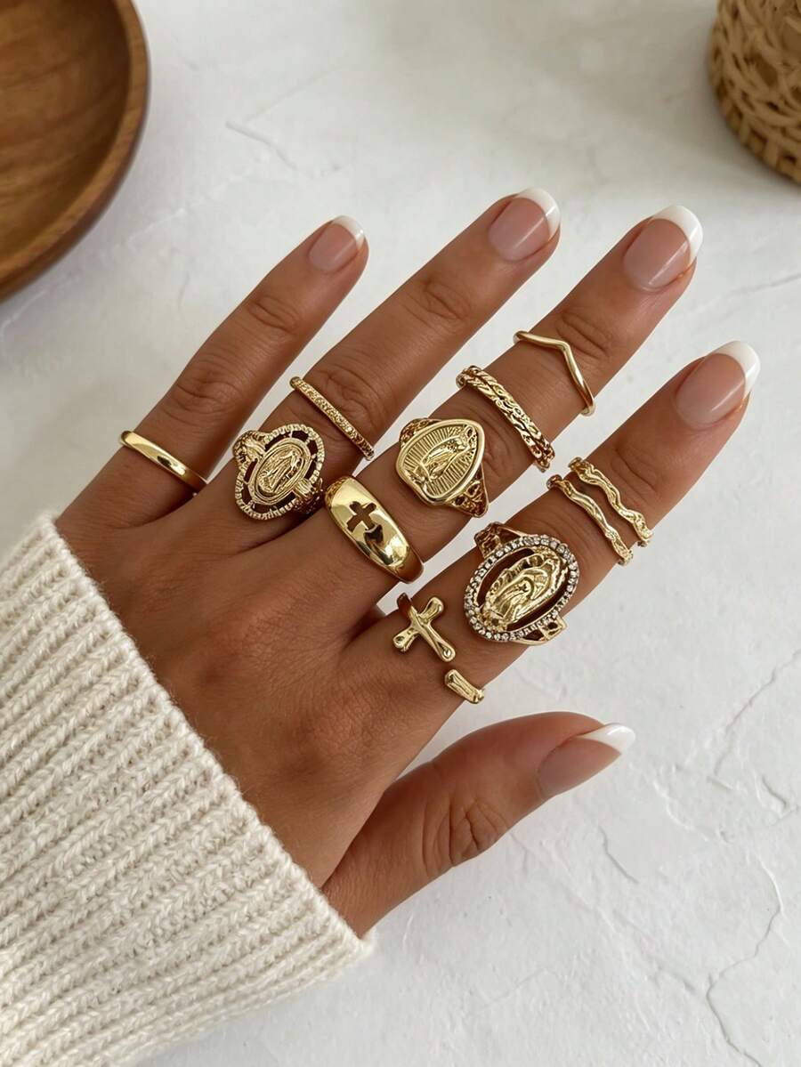 Set de 10 anillos apilables con diseño de cruz sencilla y Virgen María hueca con patrón de ola, estilo Ins, para mujeres - Dorado - Ver 1