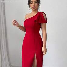 Soqi Women's Clothing  Vestido mini ajustado con hombro asimétrico sexy para mujer - Negro - Ver 5
