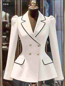 AYYFranclia Blazer de negocios casual de otoño elegante con ajuste de cintura, de doble botonadura, hebilla de metal y borde negro en contraste, en color caqui, para uso en primavera y otoñoAYY - Rojo - Ver 11