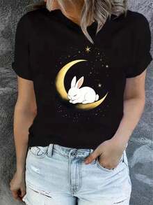 1 Women's Summer Short Sleeve T-Shirt With Print, Modern And Casual, Machine Washable, Comfortable Fit, 2D Flat Print, 180g 100% Cotton. - 黑色_03 - 查看 1