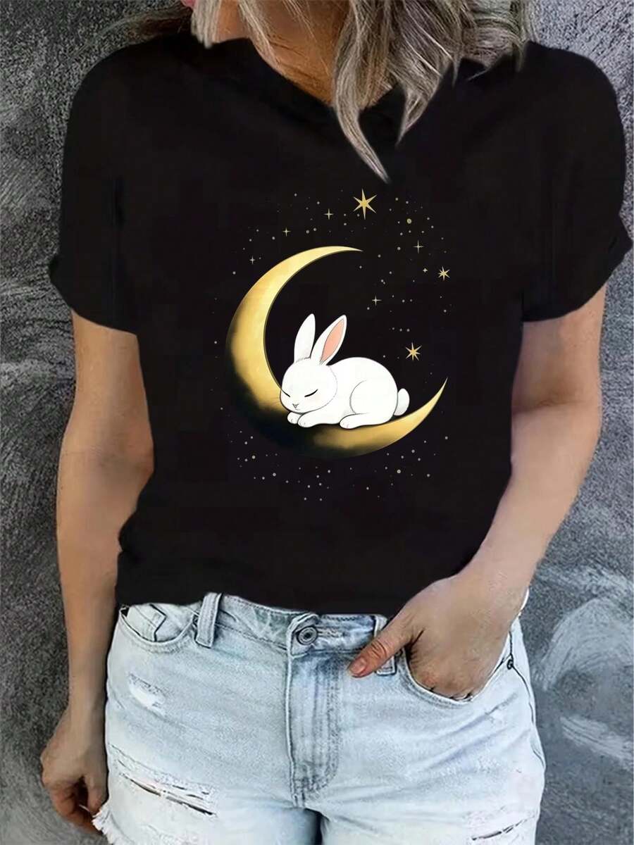 1 Women's Summer Short Sleeve T-Shirt With Print, Modern And Casual, Machine Washable, Comfortable Fit, 2D Flat Print, 180g 100% Cotton. - 黑色_03 - 查看 1