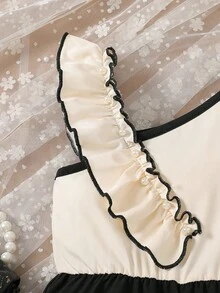 法式优雅风格女童连体裤，珍珠装饰，时尚斜肩荷叶边拼接设计，活泼俏皮，适合度假、日常穿着、生日派对、户外活动 - 彩色 - 查看 7
