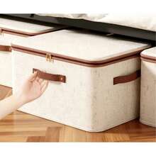 1pc Minimalist Beige Linen Foldable Storage Box With Handle, Portable Clothes Organizer Bin, Suitable For Under Bed Placement, Applicable For Bedroom Closet Organization, Seasonal Clothing Storage And Daily Home Storage Organization - Beige - View 3