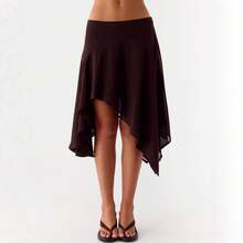 Asymmetrical Chiffon Midi Skirts, Floral/Animal Print Flowy Handkerchief Hem Skirts, Casual Summer Beach Cover Up - màu nâu cà phê - Xem 3